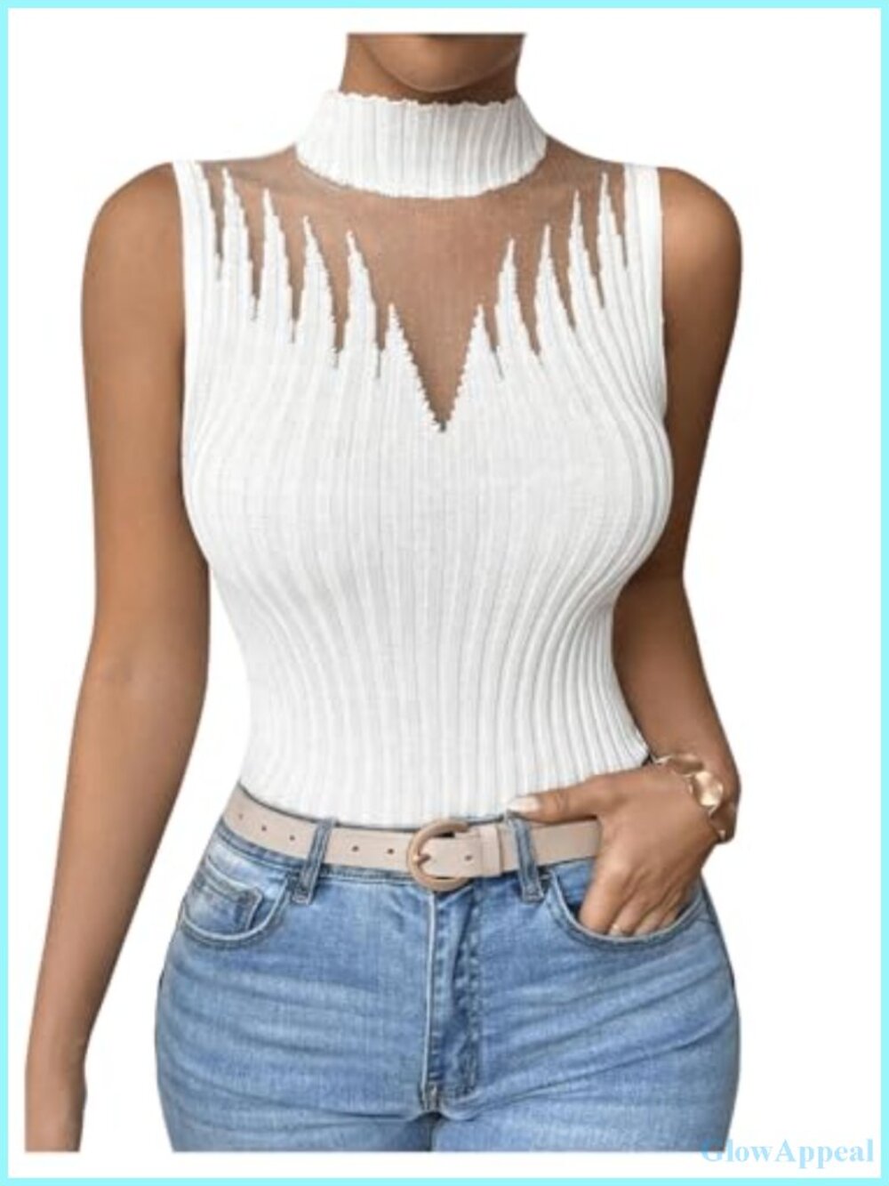 Mesh Mock Neck Sleeveless Sweater Vest Fitted Knit Tank Top
